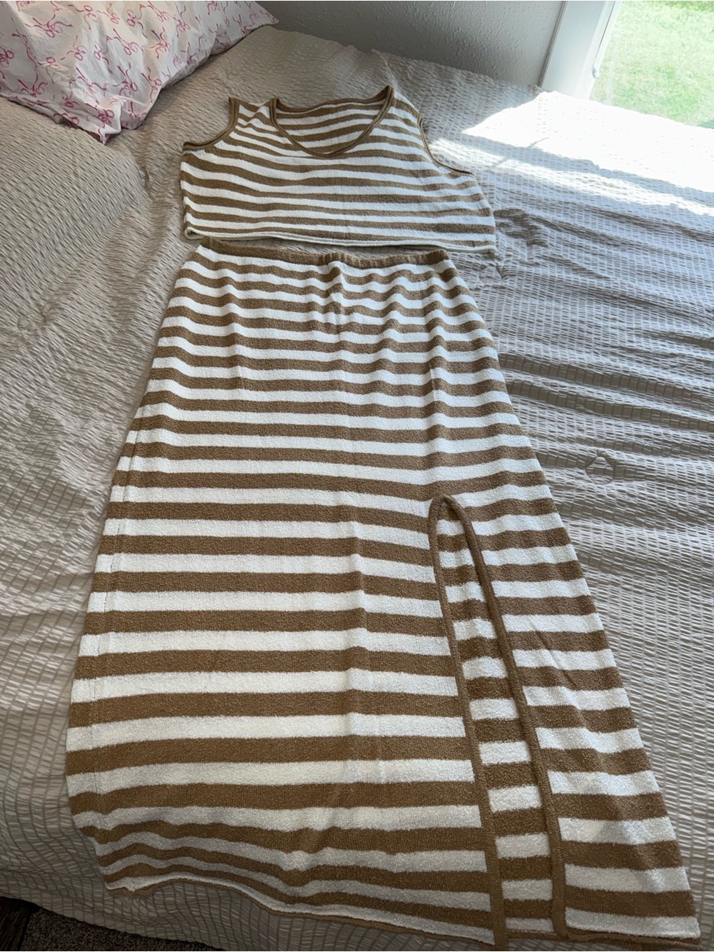 2 pc Striped Terry Knit Tank and Skirt Set in Cream & Brown - Picture 2 of 6